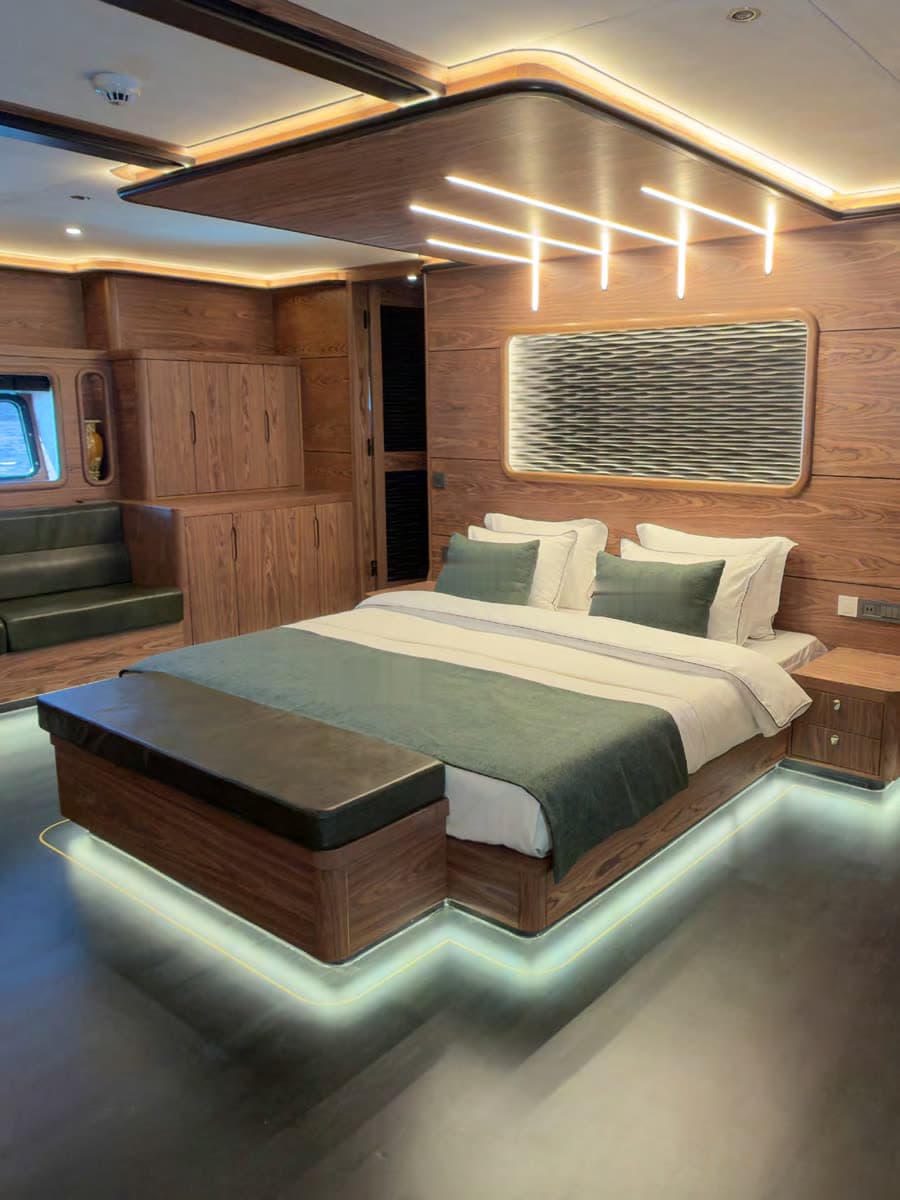 The master suite in walnut and soft green