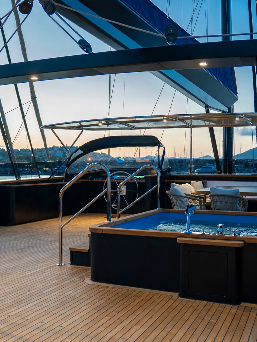 The flybridge jacuzzi at dusk
