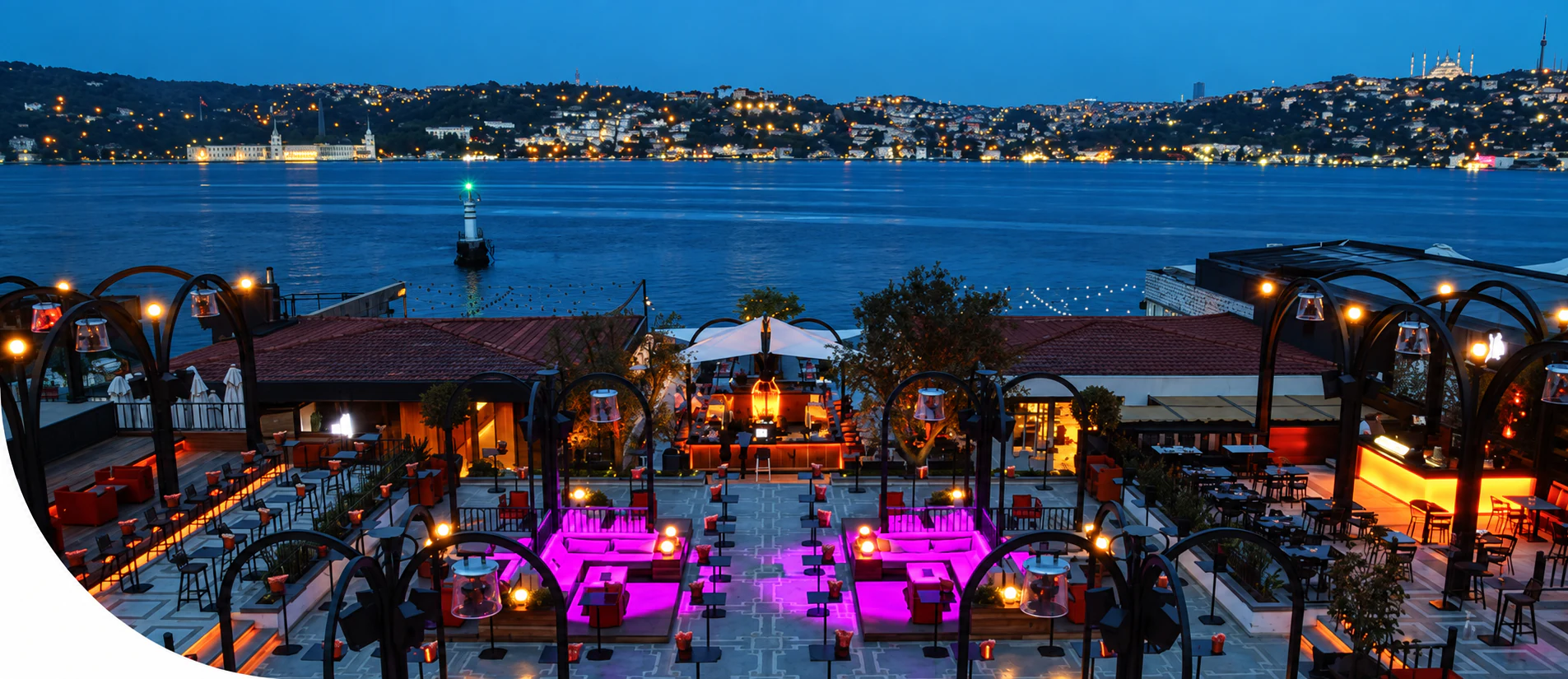A rooftop terrace lounge overlooking the Bosphorus at dusk