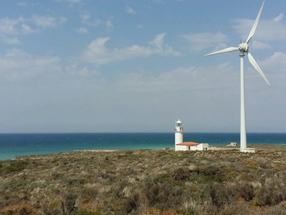 The white Polente Lighthouse on the island's windswept western tip
