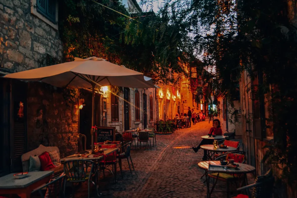 Alaçatı's cobbled lanes and pastel-trimmed stone houses