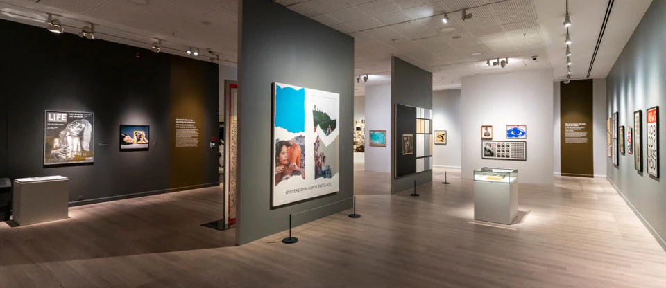 Collage paintings and mixed-media works hung across a contemporary Istanbul gallery.