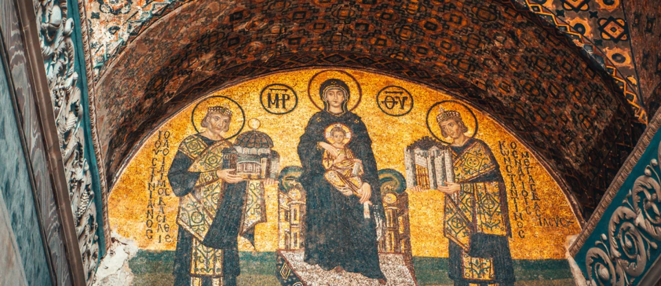 Golden Byzantine mosaic of the Virgin and Child inside Hagia Sophia, Istanbul.