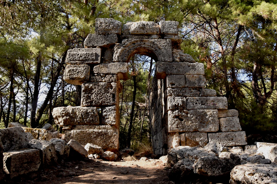 A ruined stone gateway of Phaselis standing among the pines