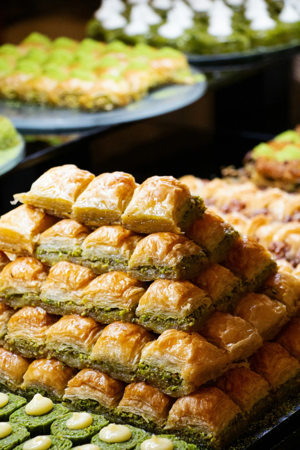 Trays of pistachio baklava, pulled paper-thin and layered by Gaziantep's masters